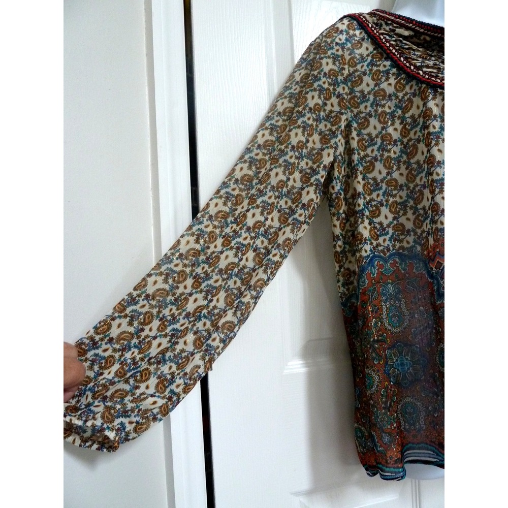 Daniel Rainn Braided Pin-Tucked Boho Paisley Peasant Blouse Multicolor L - Picture 3 of 7